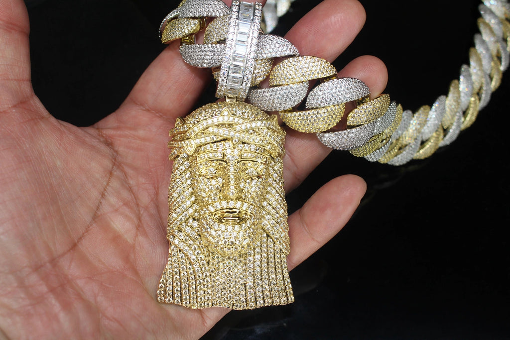 XXL Jesus Pendant 24mm Cuban Miami 196ct Lab Sim VVS1 Diamond Necklace - 1LB Weight GOLD Two-Tone