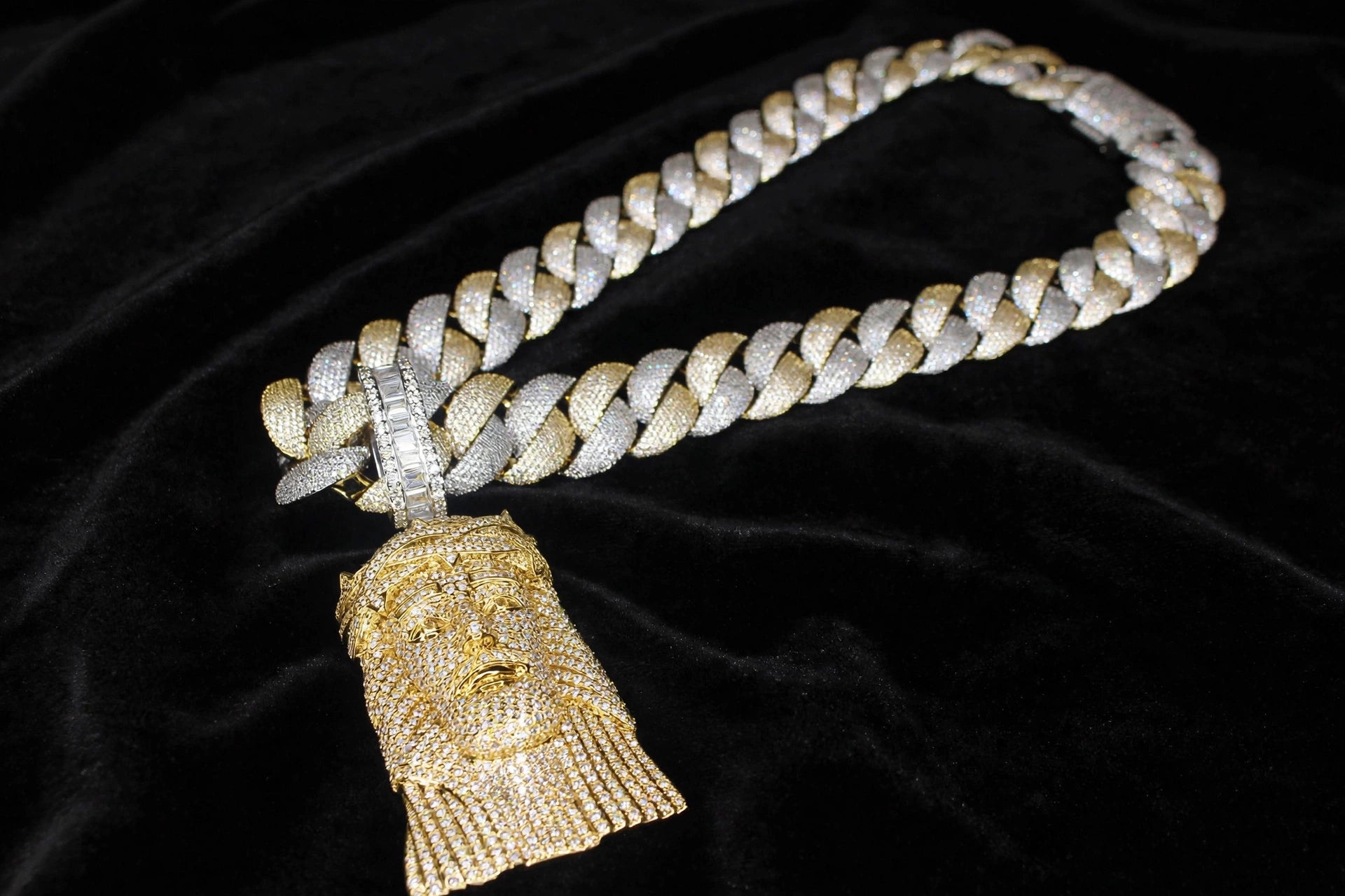 XXL Jesus Pendant 24mm Cuban Miami 196ct Lab Sim VVS1 Diamond Necklace - 1LB Weight GOLD Two-Tone