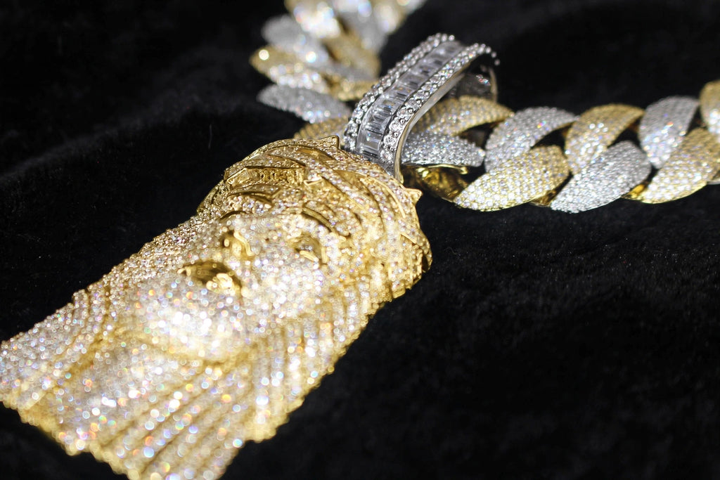 XXL Jesus Pendant 24mm Cuban Miami 196ct Lab Sim VVS1 Diamond Necklace - 1LB Weight GOLD Two-Tone