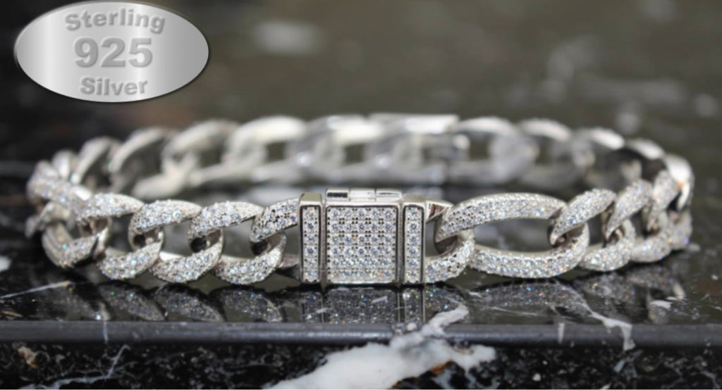10mm FIGARO 925 Sterling Silver Bracelet 8.6ct Lab Sim VVS1 Diamond