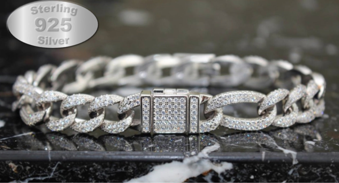 10mm FIGARO 925 Sterling Silver Bracelet 8.6ct Lab Sim VVS1 Diamond