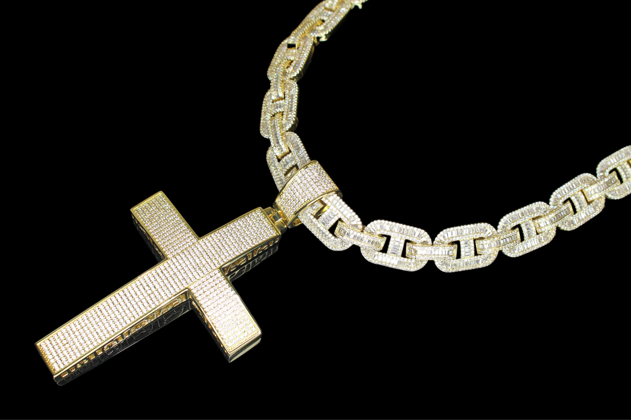 XXL CROSS 14mm Mariner Chain 96.8ct BAGUETTE Lab Sim VVS1 Diamond - GOLD