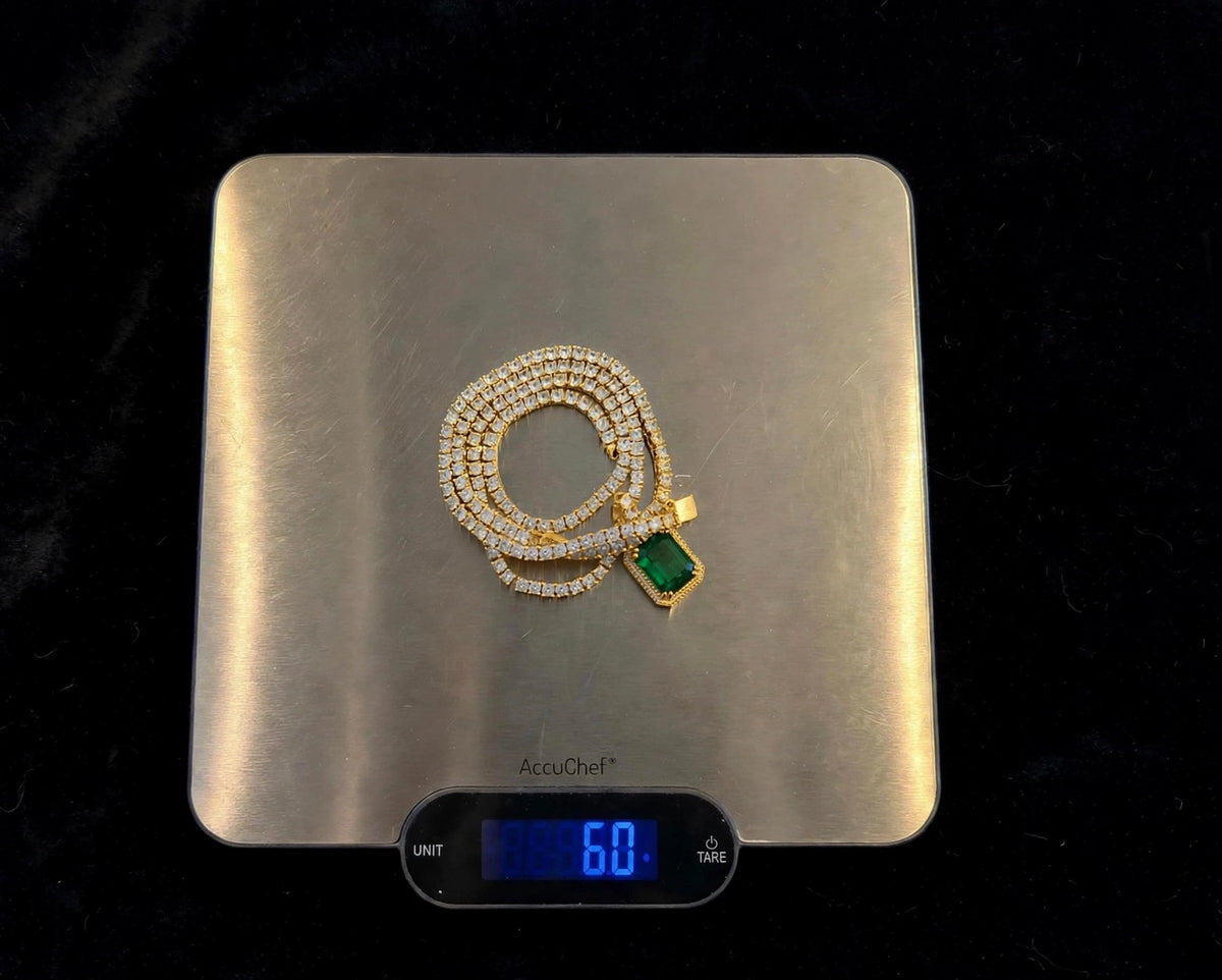 4mm EMERALD GREEN Ruby Tennis Chain Necklace 75ct Lab Sim Diamond Pendant- Gold