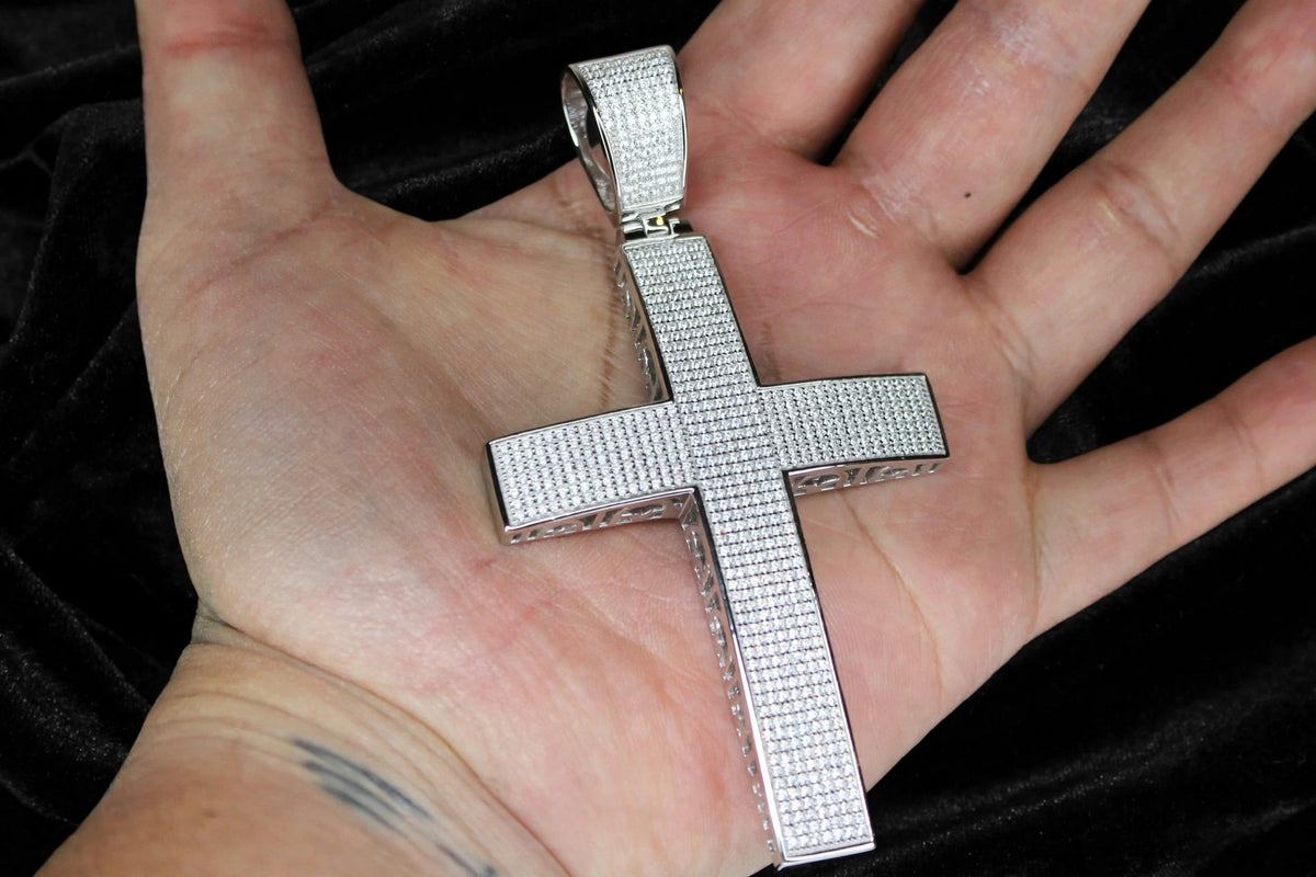 XL CROSS MASSIVE Pendant 12.6ct Lab Sim VVS1 Diamonds - 925 STERLING SILVER