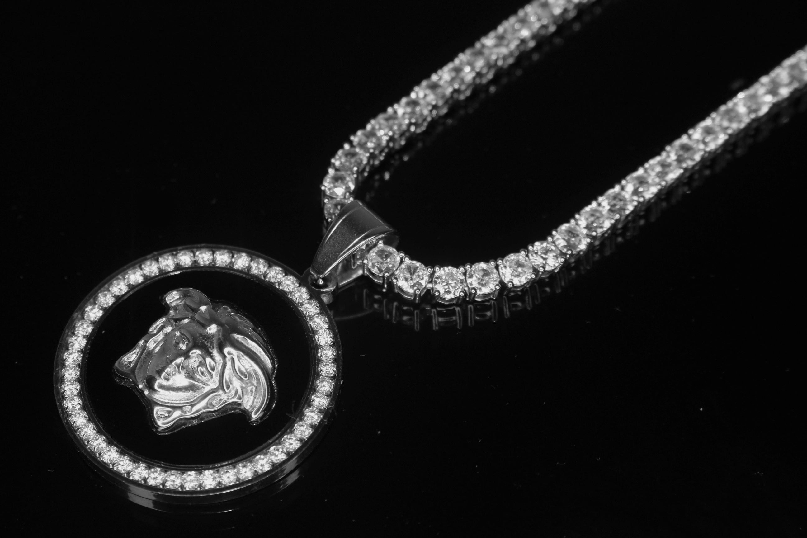 MEDUSA Versace Medallion Pendant 74ct Lab Sim VVS1 Diamond Tennis Necklace Set