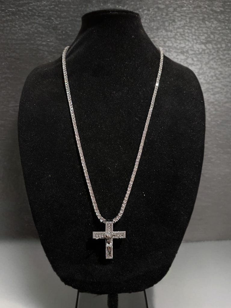 Jesus Cross BAGUETTE 86ct Lab Sim Diamond 4mm Tennis Necklace