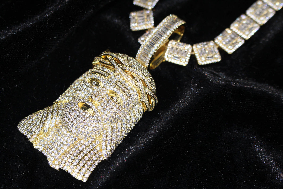 XXL Jesus Pendant 149ct Lab Sim VVS1 Diamond 12mm Tennis Baguette Necklace - Gold