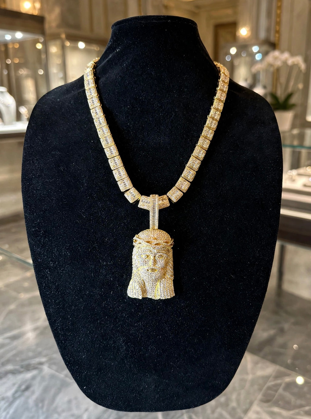 XXL Jesus Pendant 149ct Lab Sim VVS1 Diamond 12mm Tennis Baguette Necklace - Gold