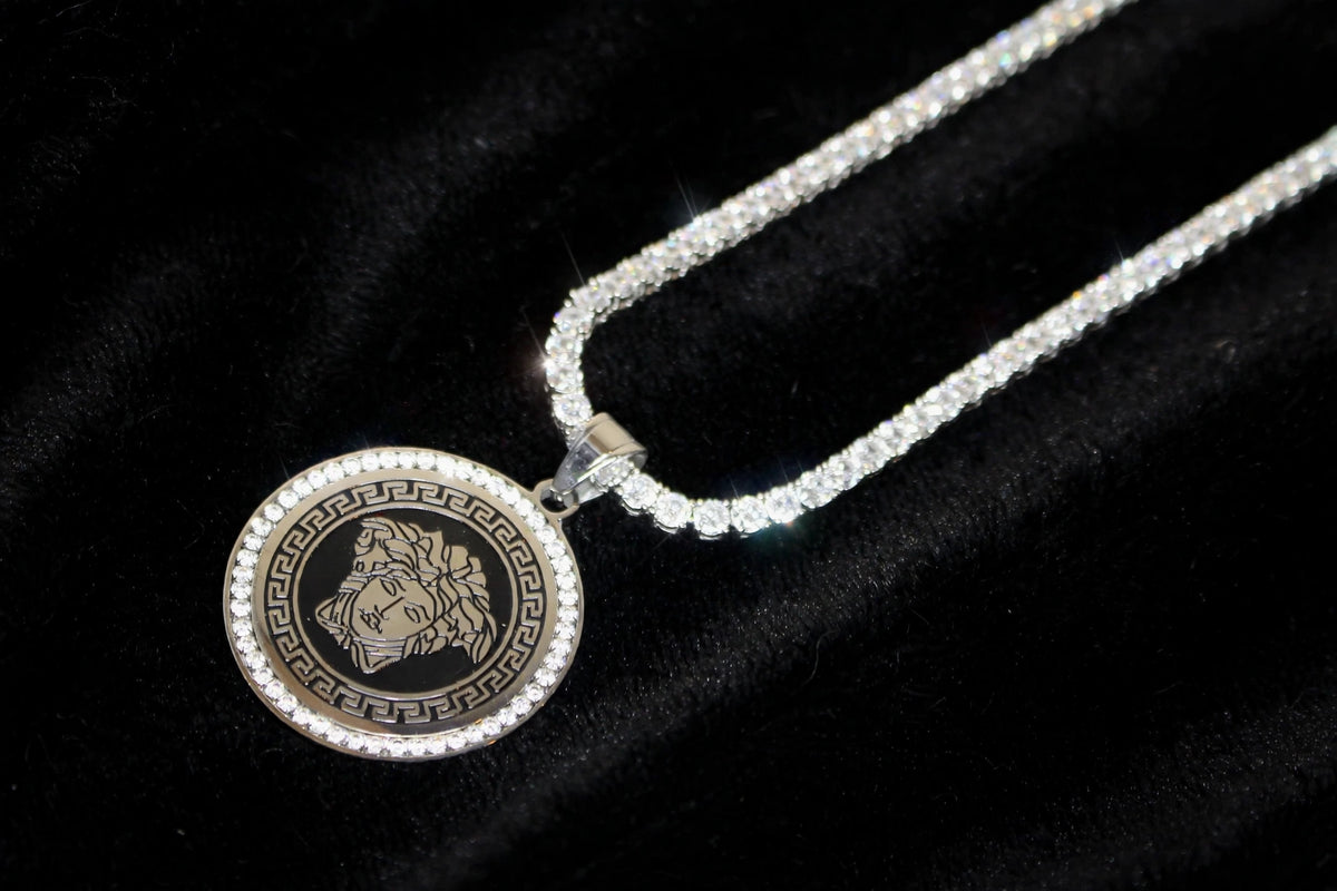 MEDUSA Medallion Pendant TENNIS 75.6ct Lab Sim VVS1 Diamond Necklace SET
