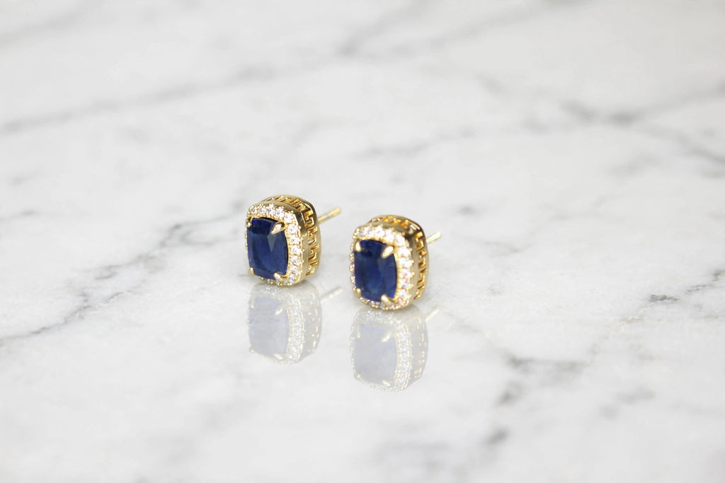 Blue Ruby Sapphire 4ct Lab Sim VVS1 Diamonds Earrings set Gemstone- Gold