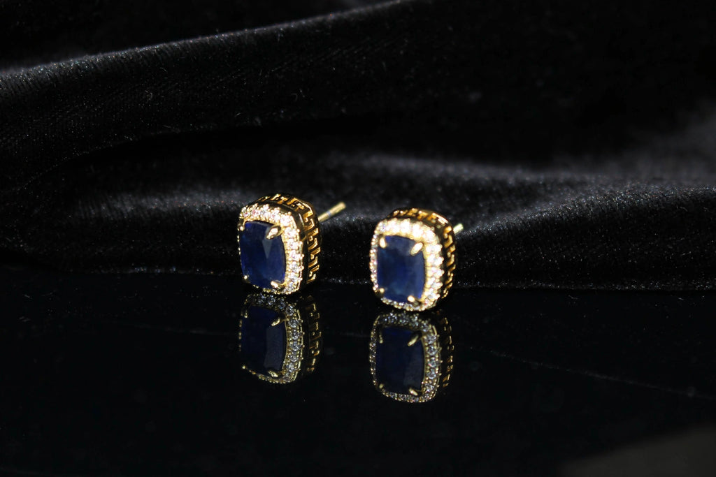 Blue Ruby Sapphire 4ct Lab Sim VVS1 Diamonds Earrings set Gemstone- Gold