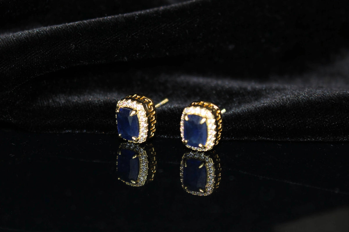 Blue Ruby Sapphire 4ct Lab Sim VVS1 Diamonds Earrings set Gemstone- Gold