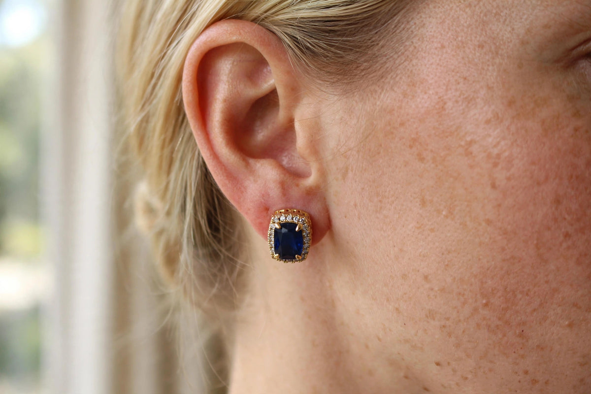 Blue Ruby Sapphire 4ct Lab Sim VVS1 Diamonds Earrings set Gemstone- Gold