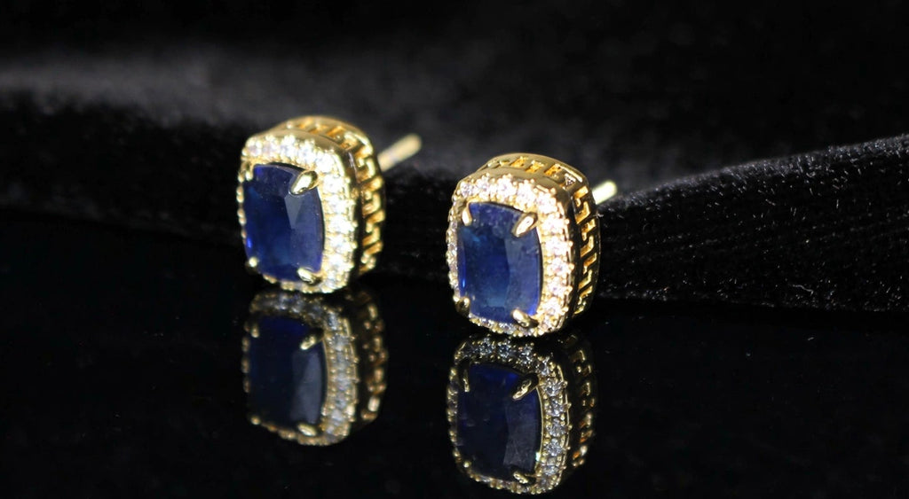 Blue Ruby Sapphire 4ct Lab Sim VVS1 Diamonds Earrings set Gemstone- Gold