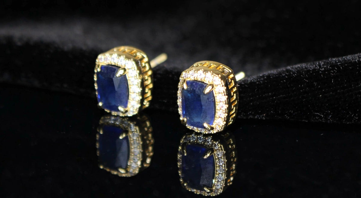 Blue Ruby Sapphire 4ct Lab Sim VVS1 Diamonds Earrings set Gemstone- Gold