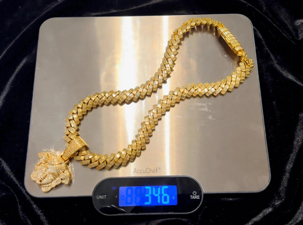 XL MEDUSA VERSACE 19mm Cuban Miami Prong BAGUETTE 124ct Lab Sim VVS1 Diamond Necklace SET - GOLD