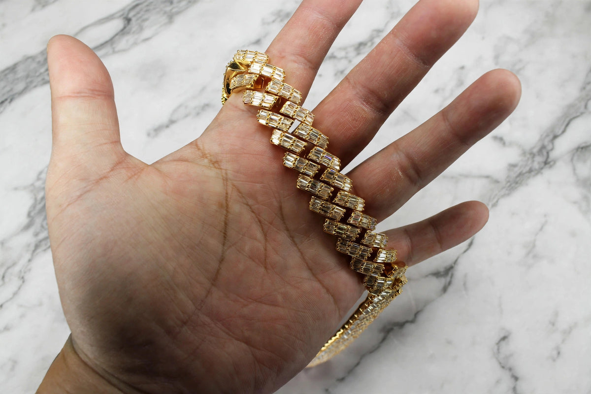 19mm Prong BAGUETTE 24.6ct Lab VVS1 Sim Diamonds Bracelet Gold
