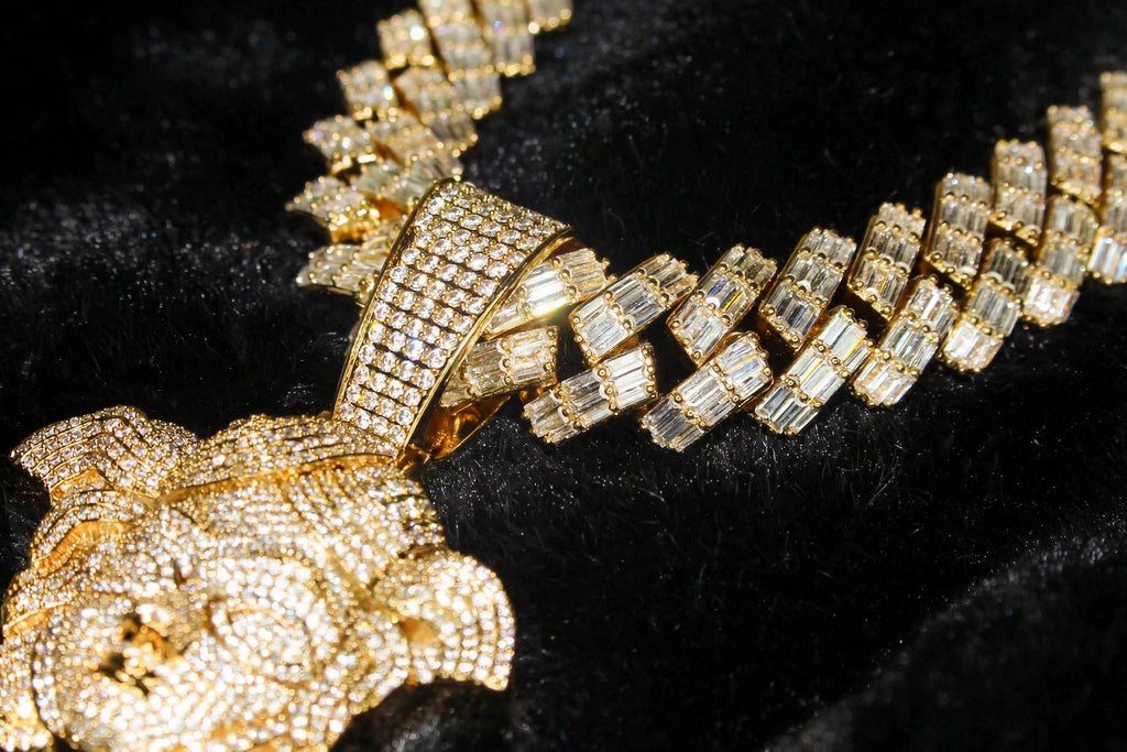 XL MEDUSA VERSACE 19mm Cuban Miami Prong BAGUETTE 124ct Lab Sim VVS1 Diamond Necklace SET - GOLD