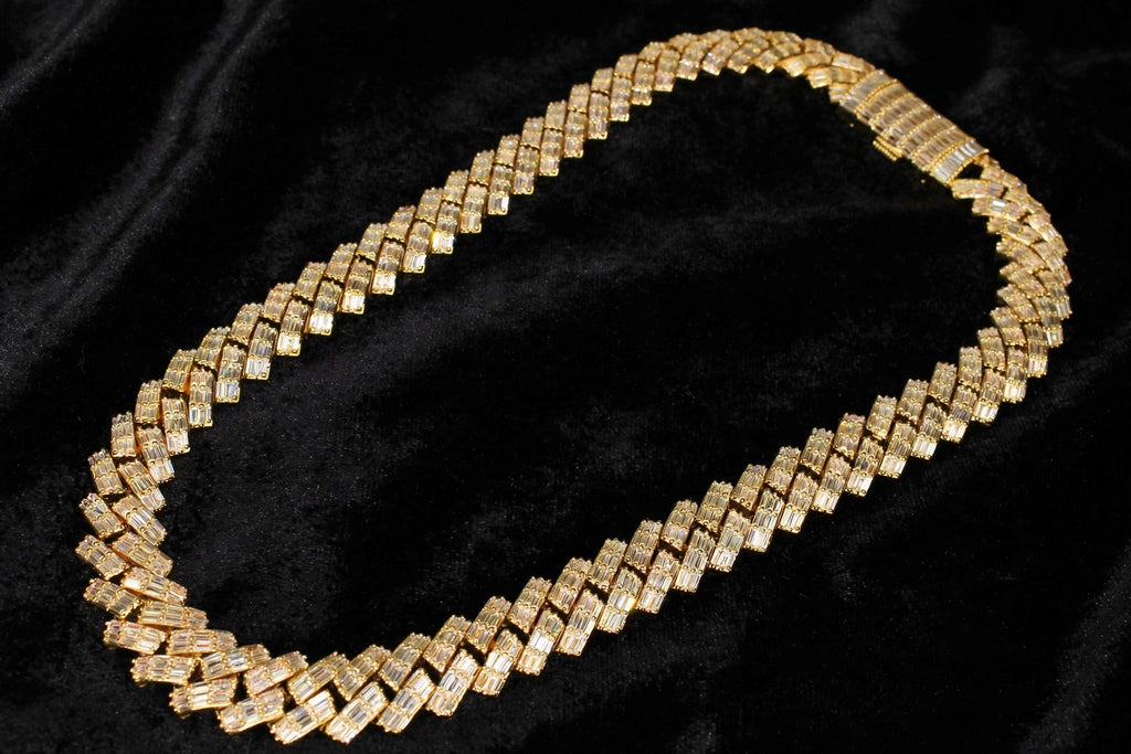 19mm Cuban Prong BAGUETTE 179.2ct Lab Sim VVS1 Diamond Necklace - GOLD