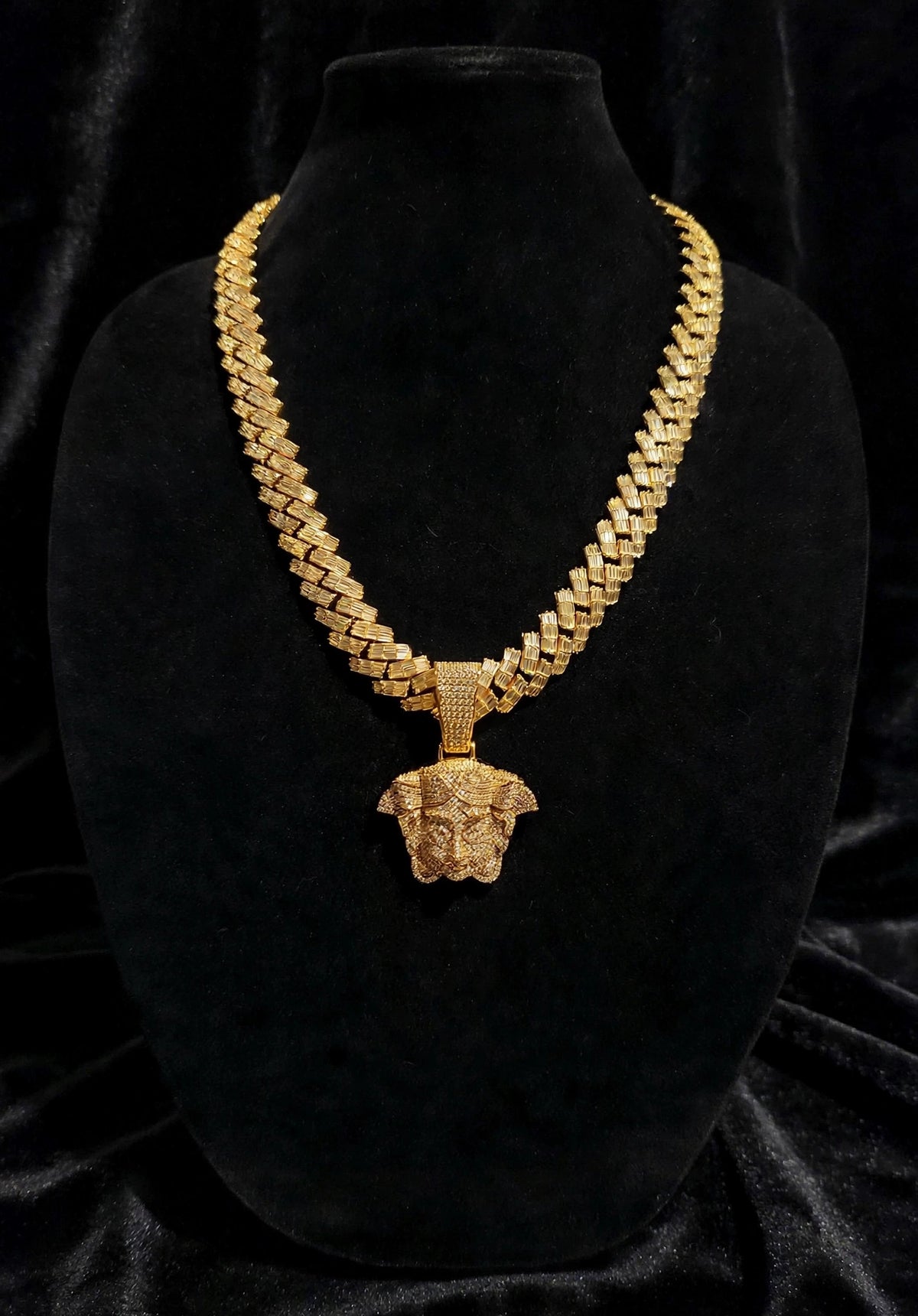 XL MEDUSA VERSACE 19mm Cuban Miami Prong BAGUETTE 124ct Lab Sim VVS1 Diamond Necklace SET - GOLD