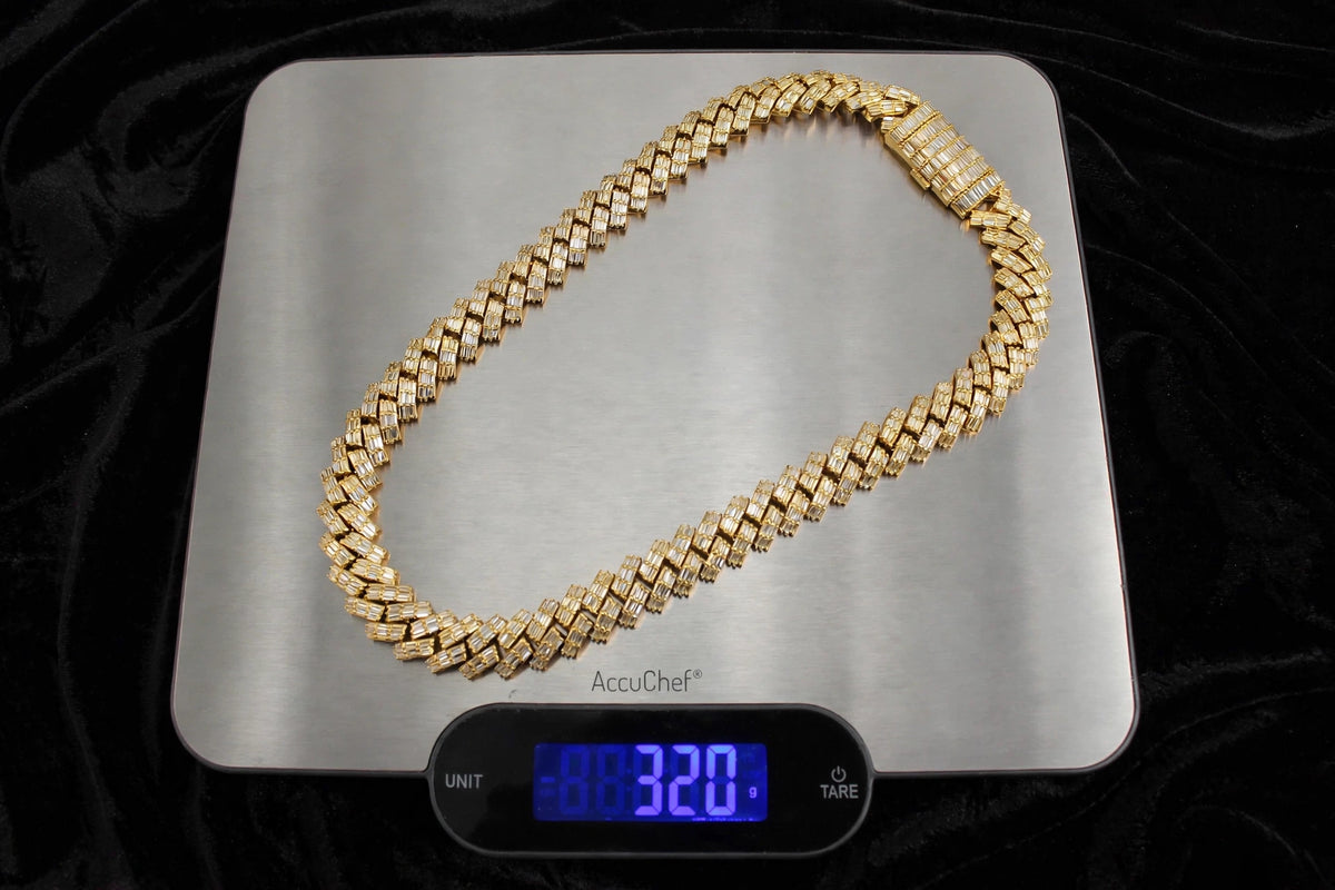 19mm Cuban Prong BAGUETTE 179.2ct Lab Sim VVS1 Diamond Necklace - GOLD