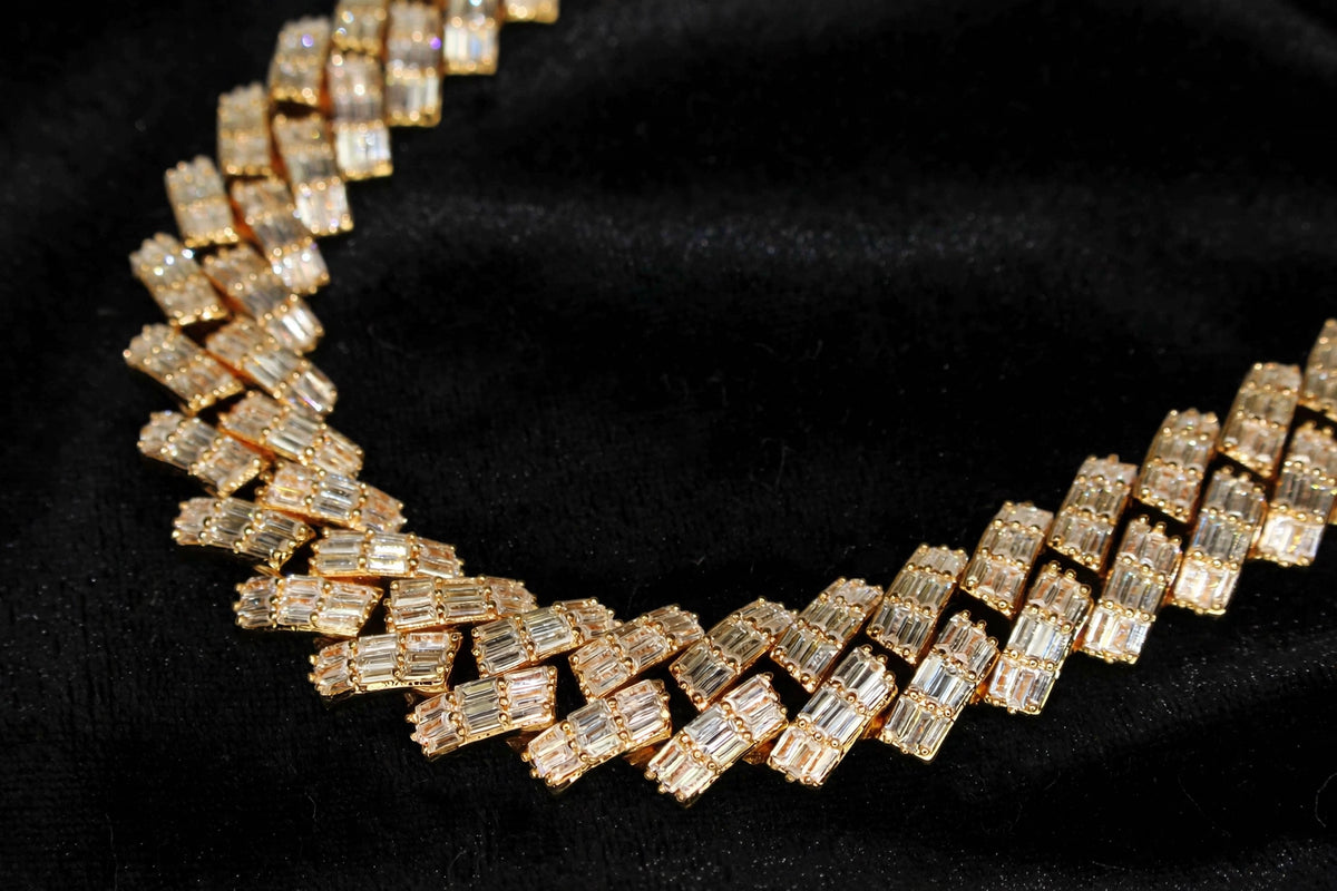 19mm Cuban Prong BAGUETTE 179.2ct Lab Sim VVS1 Diamond Necklace - GOLD