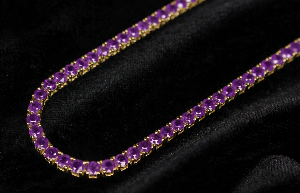 4mm Sapphire Amythist PURPLE Tennis 70.6ct Lab Sim VVS1 Diamond Necklace - GOLD