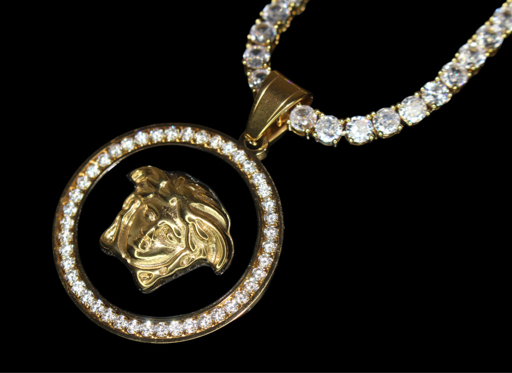 MEDUSA Versace Medallion Pendant 74ct Lab Sim VVS1 Diamond Tennis Necklace Set Gold
