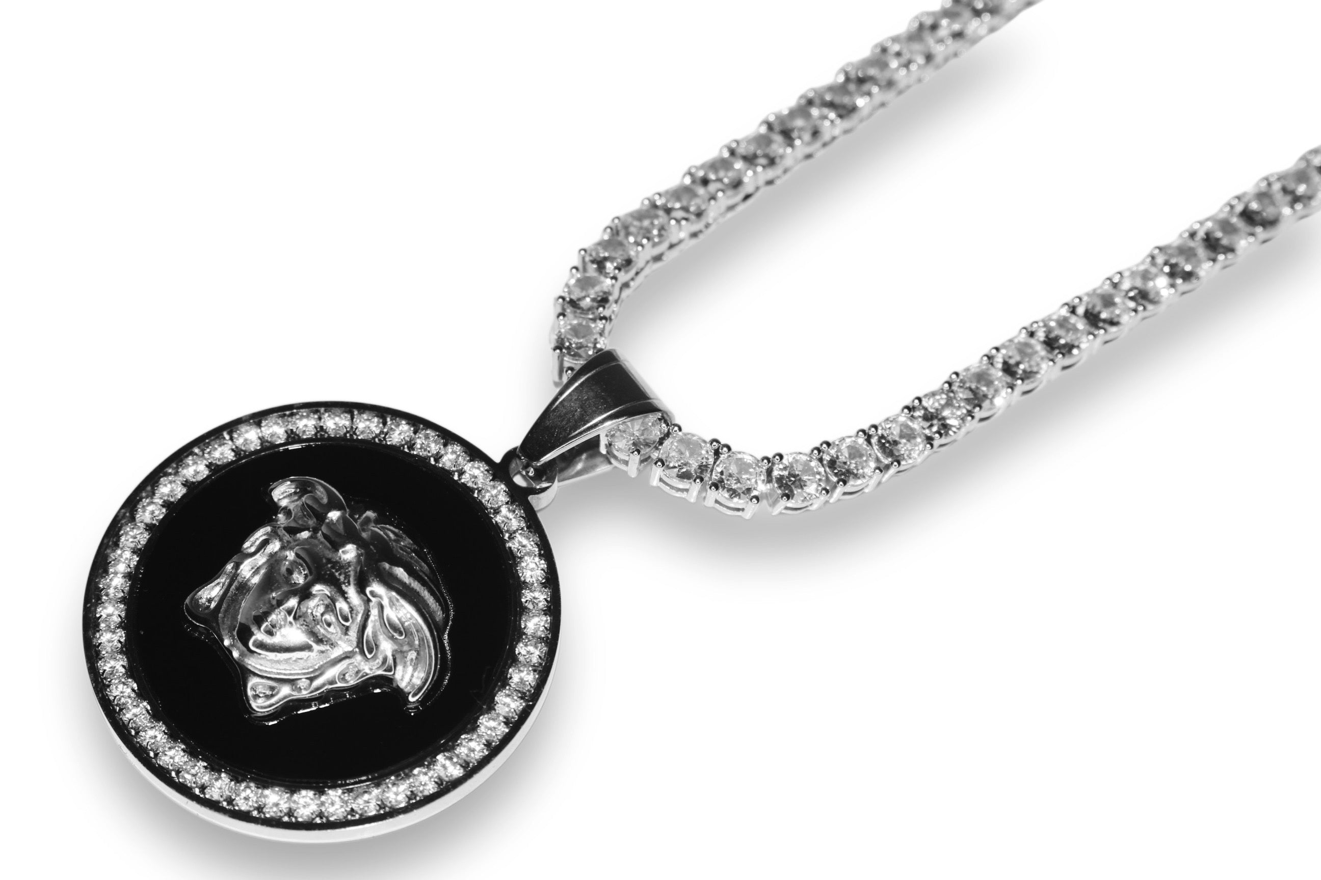 MEDUSA Versace Medallion Pendant 74ct Lab Sim VVS1 Diamond Tennis Necklace Set