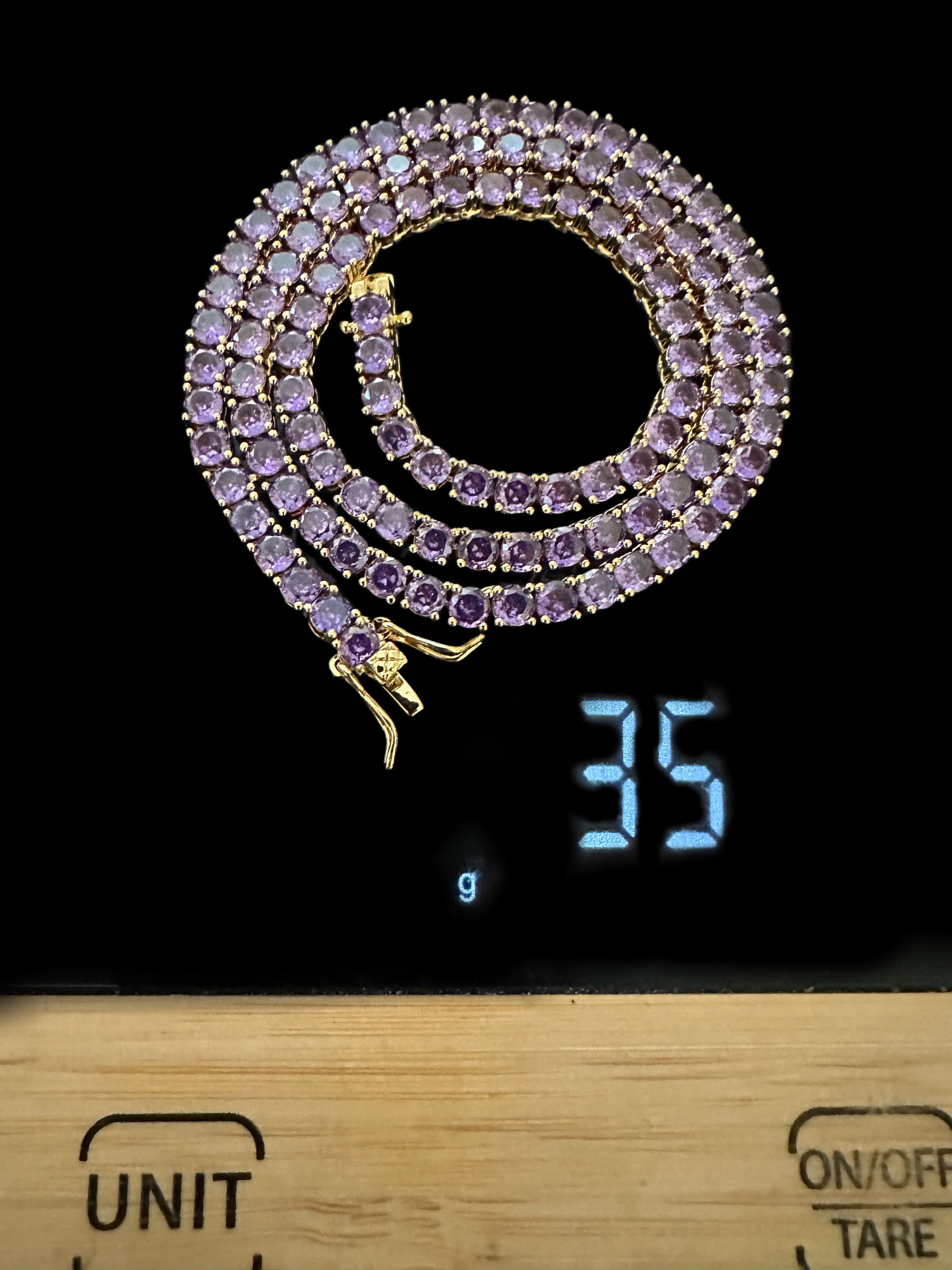 4mm Tennis Chain 70ct Lab Sim VVS1 Diamond Necklace - Purple Amethyst Gold