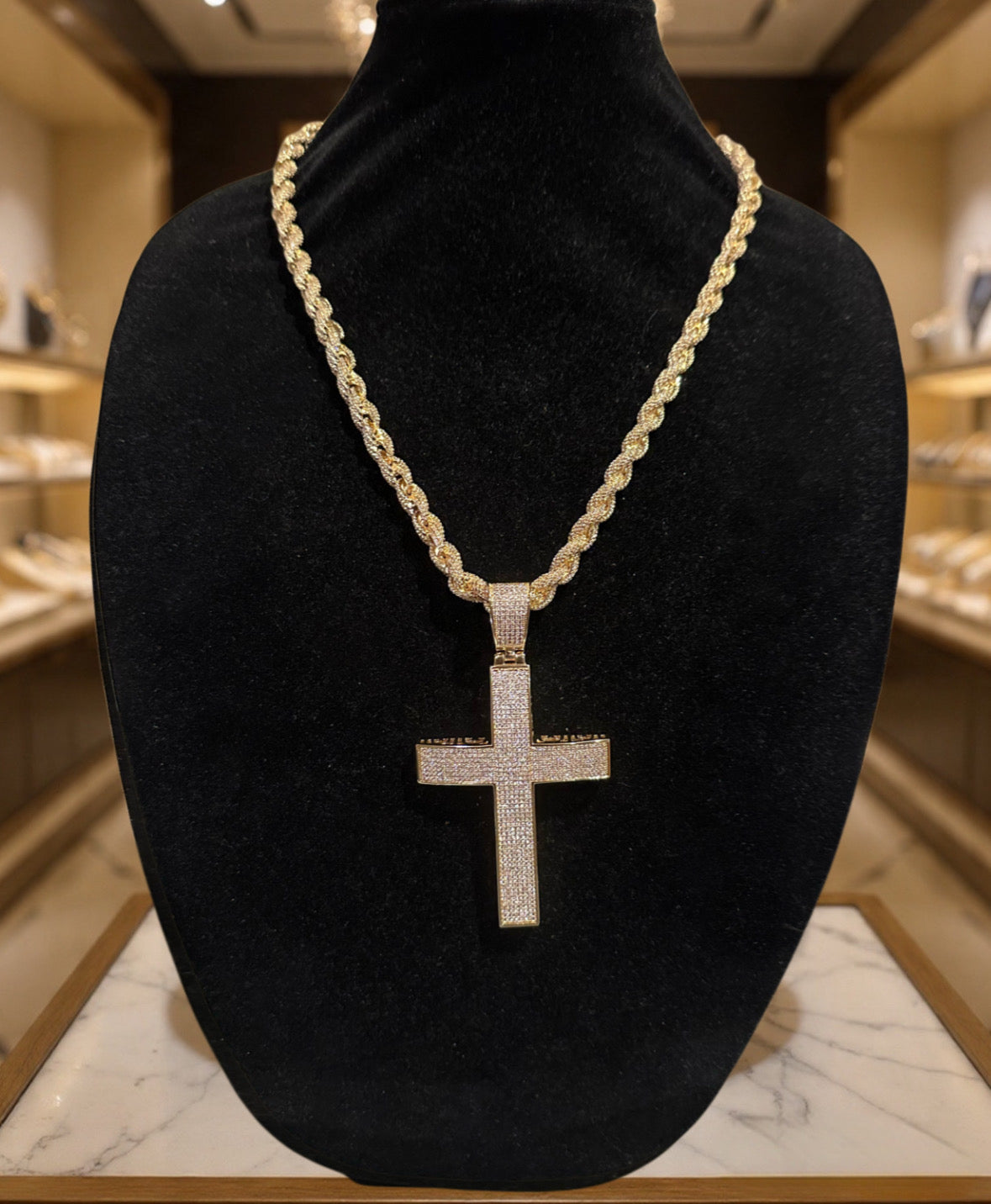 XL Cross Pendant 8mm Rope 75.8ct Lab Sim VVS1 Diamond Necklace - GOLD