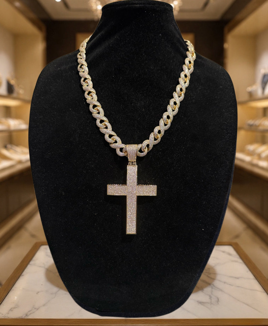 XL Cross Pendant 14mm INFINITY 75.6ct Lab Sim VVS1 Diamond Necklace GOLD