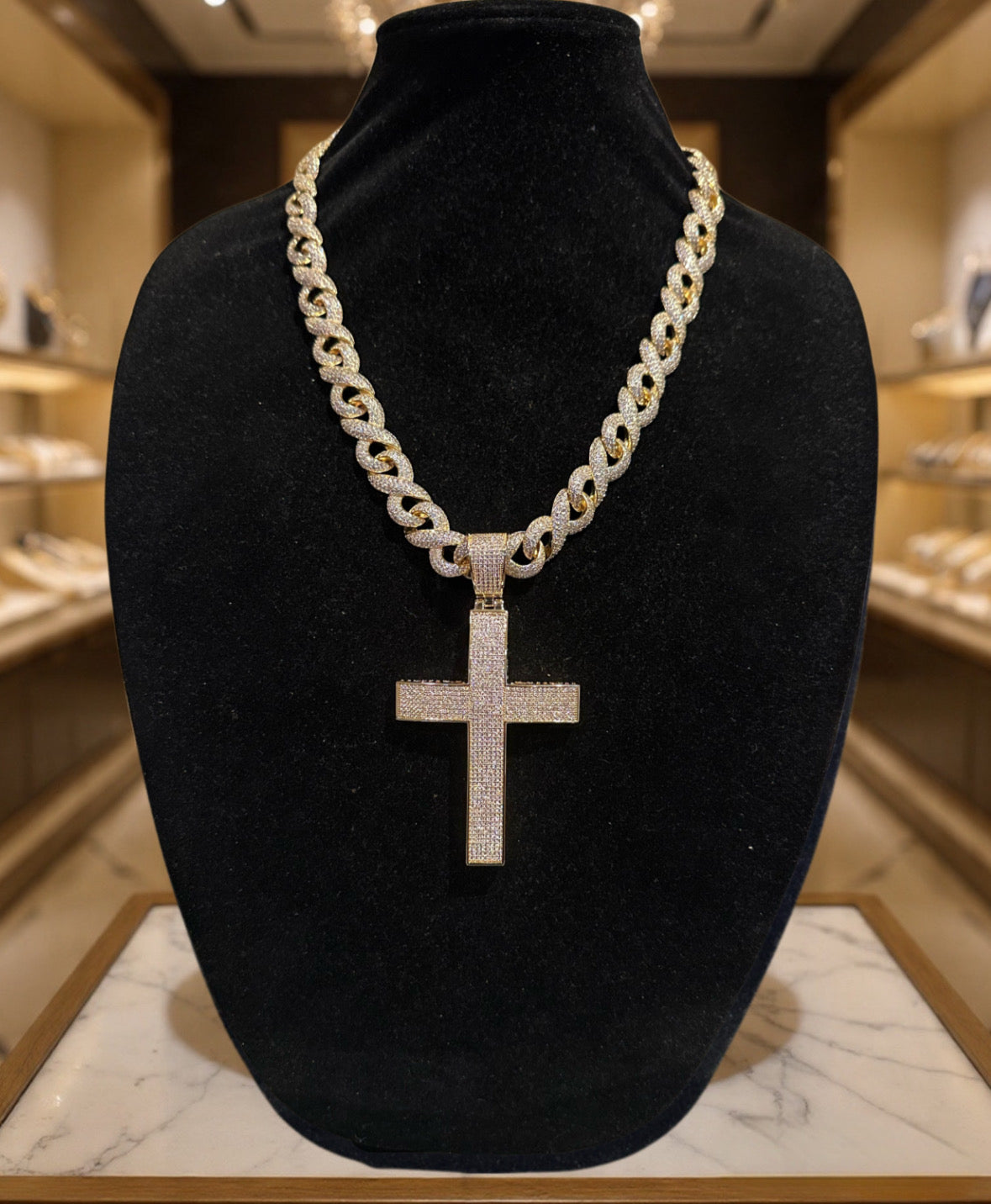 XL Cross Pendant 14mm INFINITY 75.6ct Lab Sim VVS1 Diamond Necklace GOLD