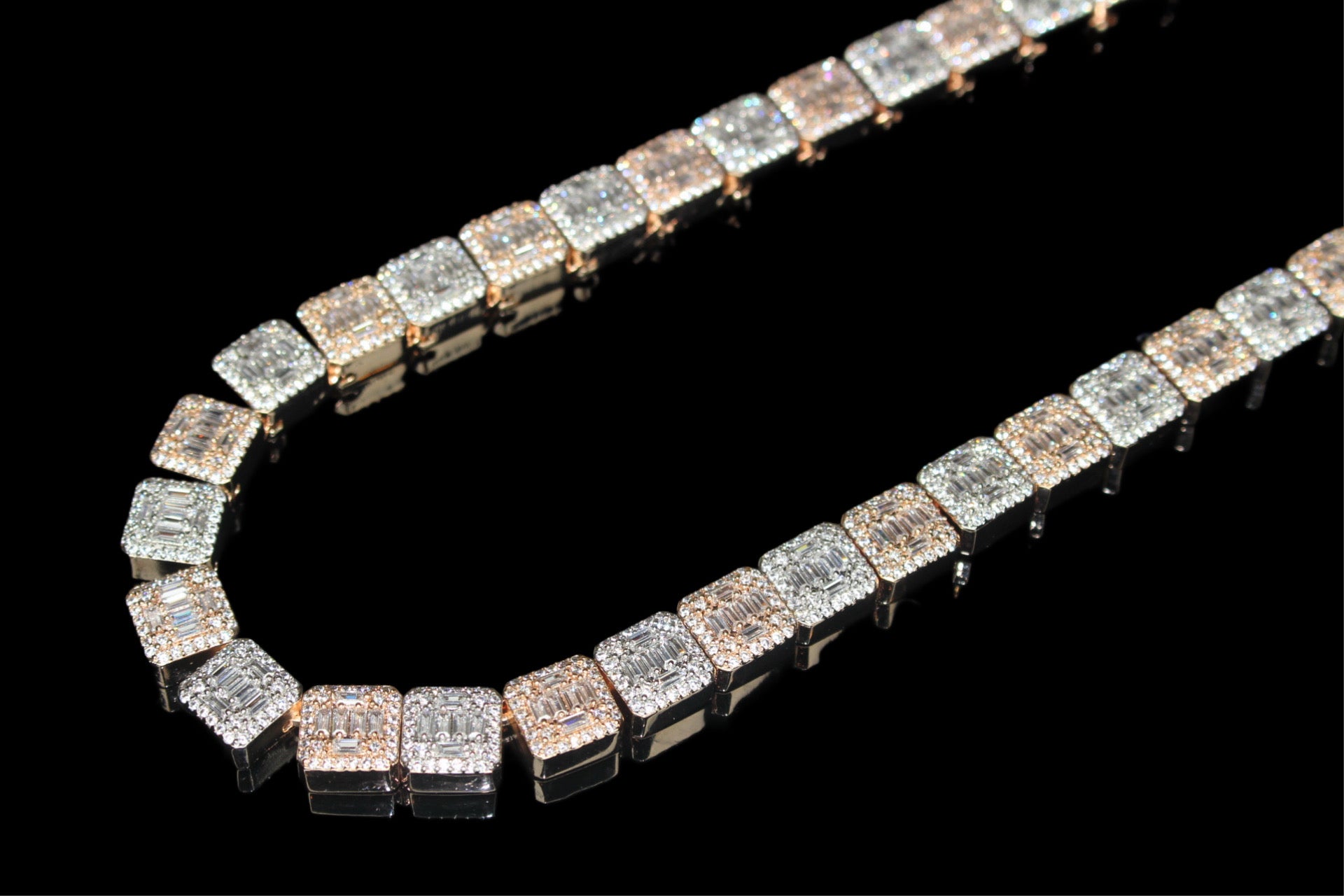 10mm Baguette Square Cushion-Cut Tennis Chain 124.6ct Lab Sim VVS1 Diamond Necklace - Rose/White Gold