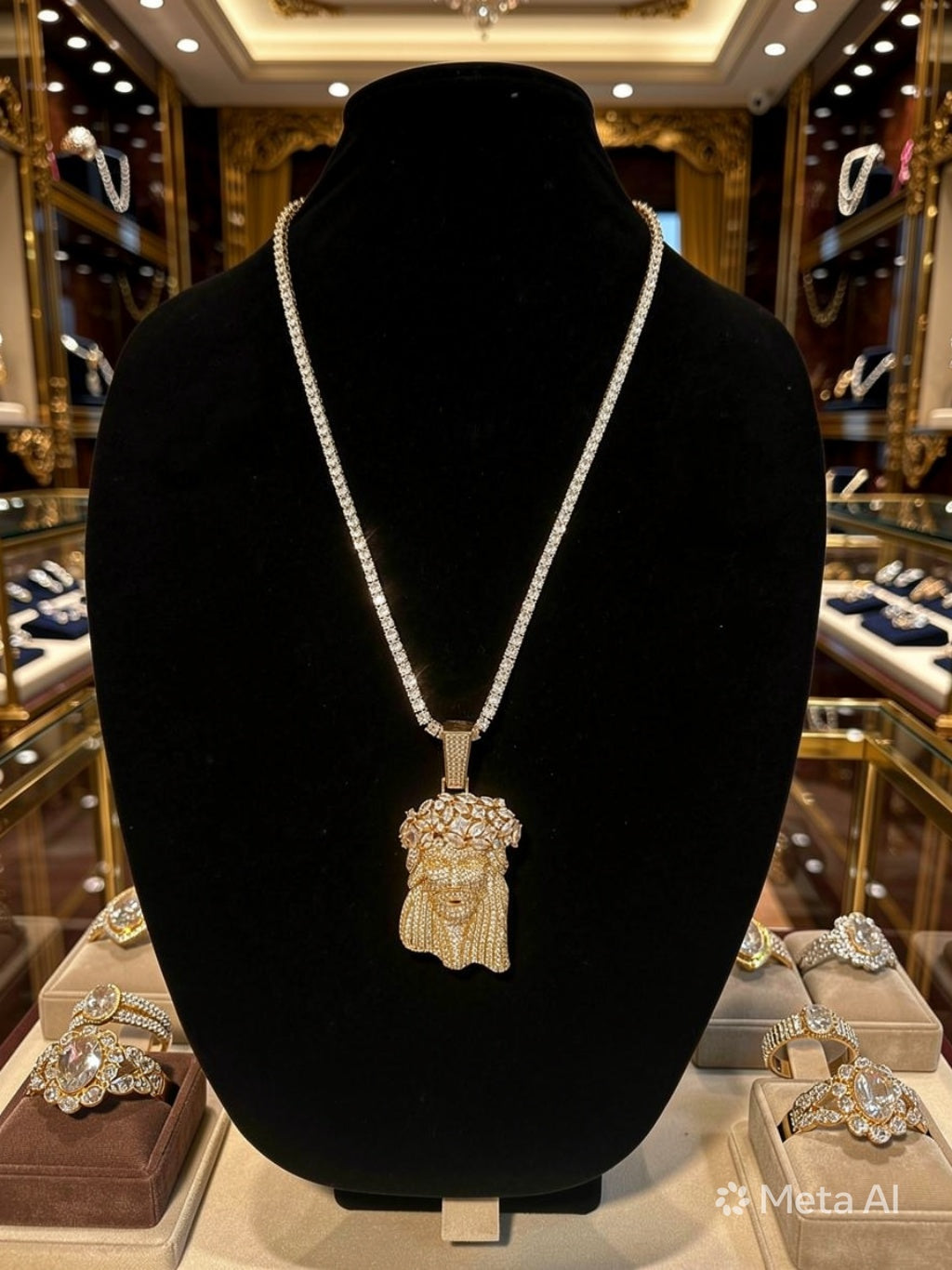 Large Jesus Pendant 79.8ct Lab Sim VVS1 Diamond Tennis Chain - Gold