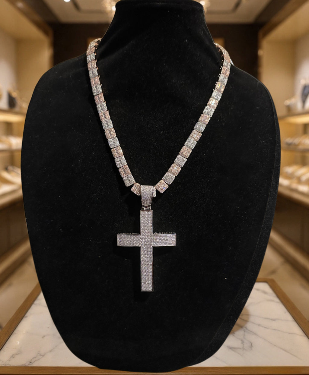 XL Cross Pendant 10mm Baguette Square Cushion-Cut Tennis Chain 144.6ct Lab Sim VVS1 Diamond Necklace - Rose/Silver