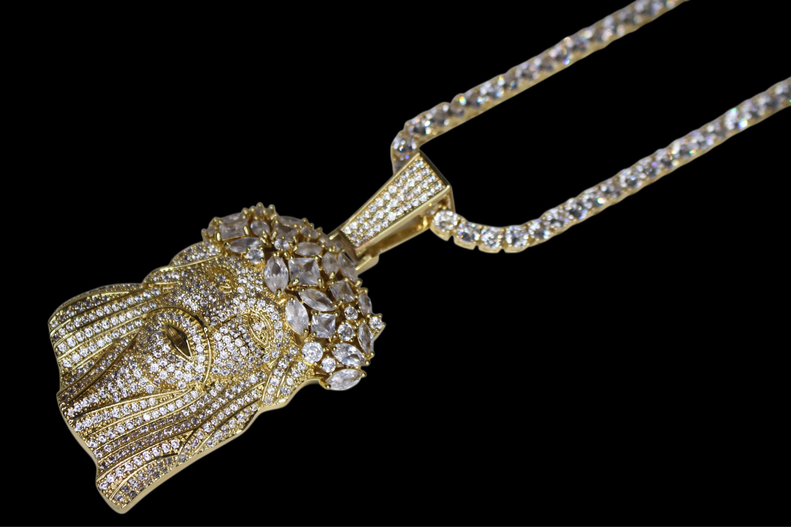 Large Jesus Pendant 79.8ct Lab Sim VVS1 Diamond Tennis Chain - Gold