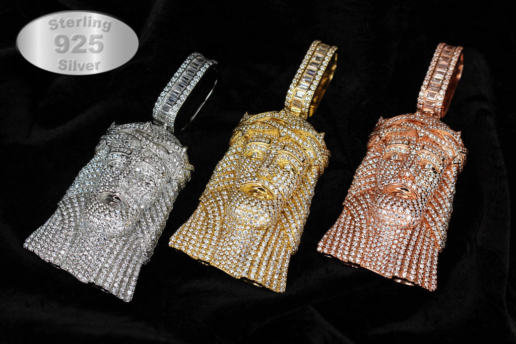 925 STERLING SILVER XXL JESUS HEAD MASSIVE Pendant 15.2ct Lab Sim BAGUETTE VVS1 Diamonds