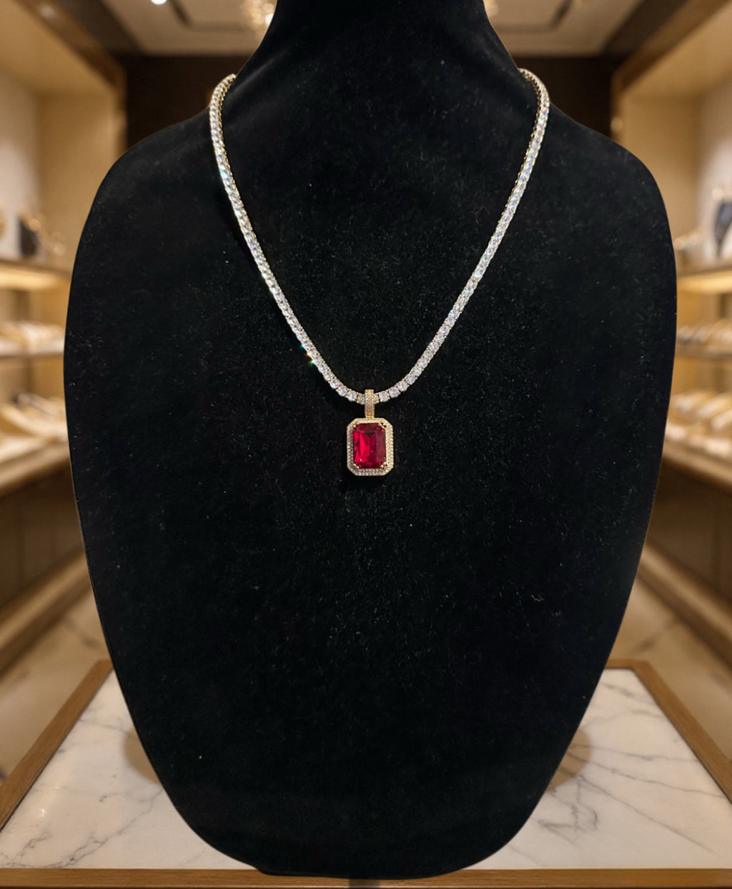 4mm Ruby Red Tennis Chain Necklace 75ct Lab Sim Diamond Pendant - GOLD