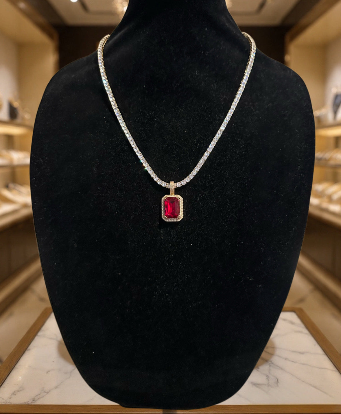 4mm Ruby Red Tennis Chain Necklace 75ct Lab Sim Diamond Pendant - GOLD
