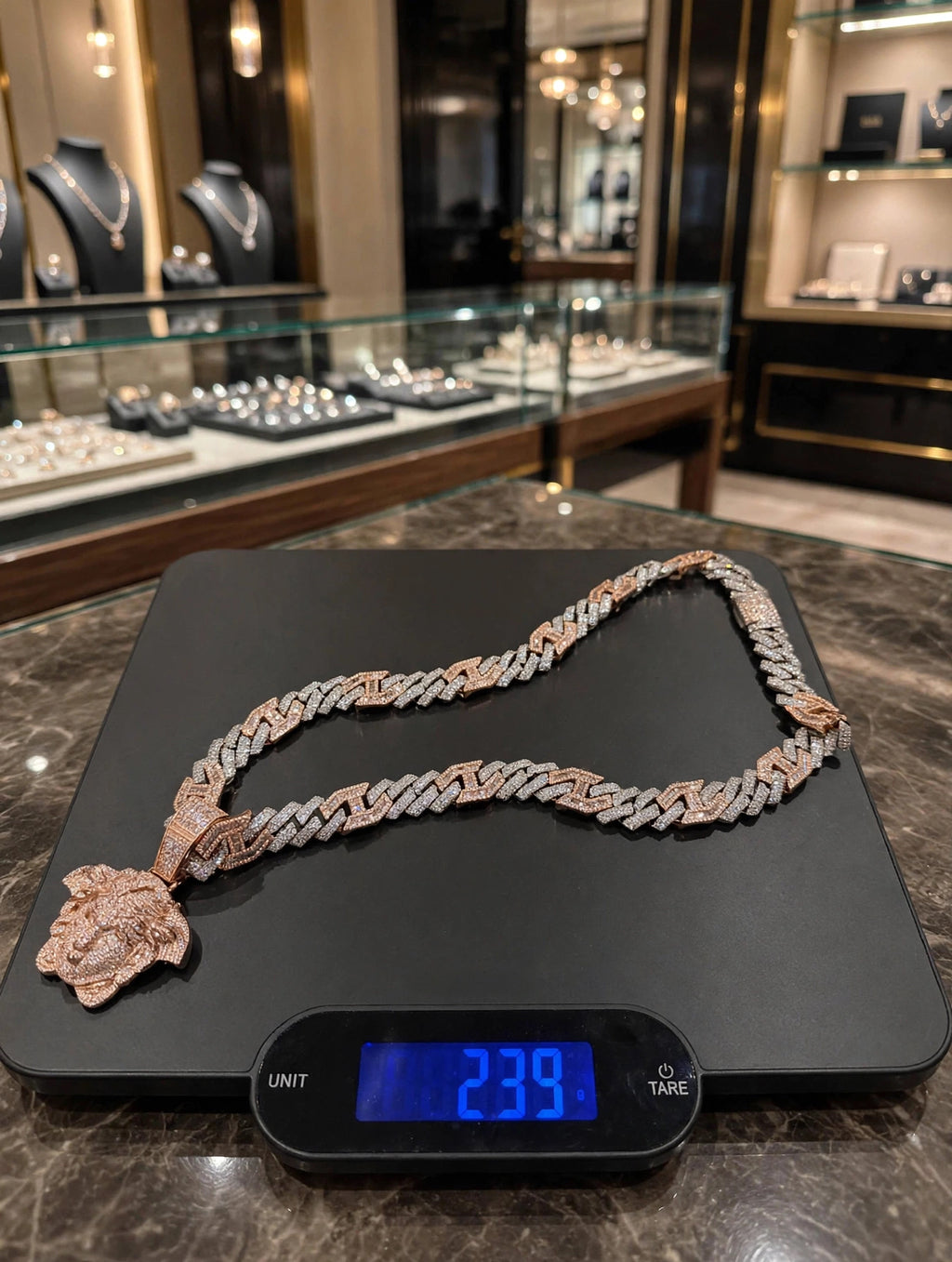 XL Medusa Pendant 14mm Figarucci 98.6ct Lab Sim VVS1 Diamond Necklace - Two Tone White/Rose Gold
