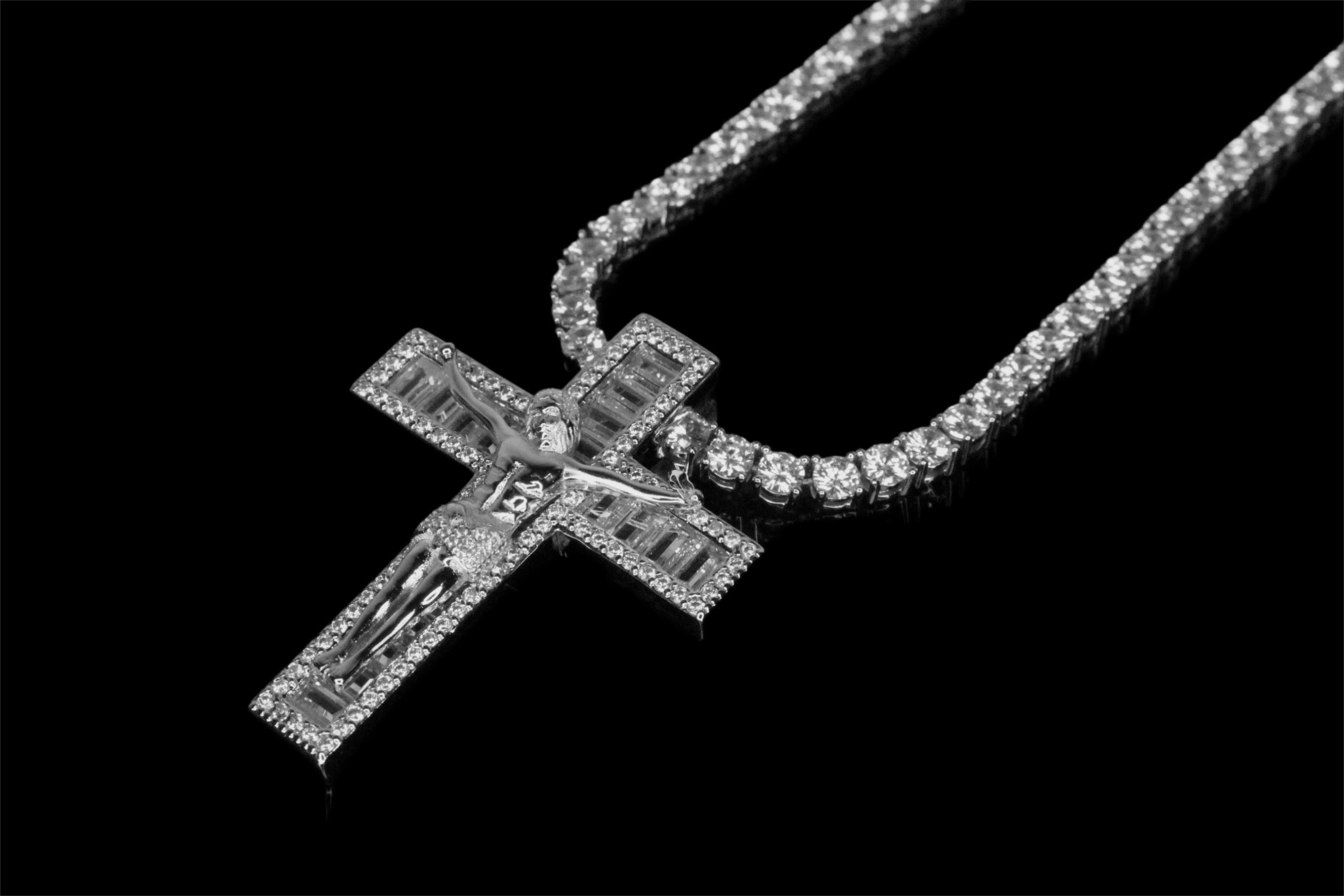Jesus Cross BAGUETTE 86ct Lab Sim Diamond 4mm Tennis Necklace