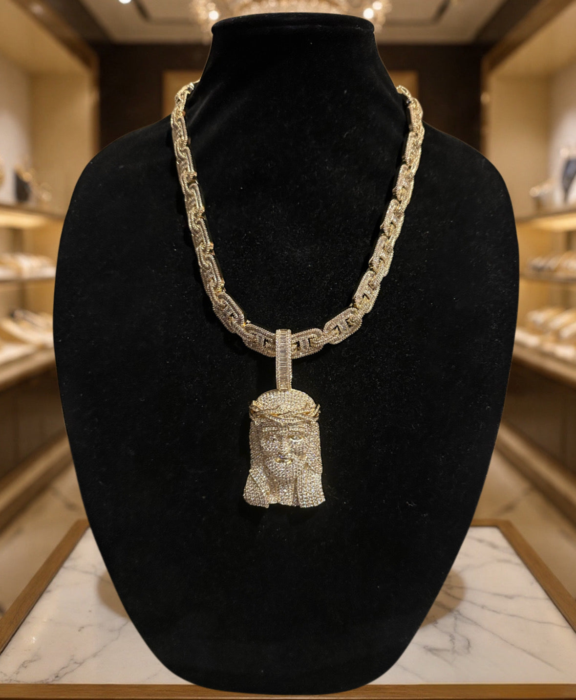 XXL Jesus Pendant 14mm Mariner 102.8ct Lab Sim VVS1 Diamond Necklace GOLD