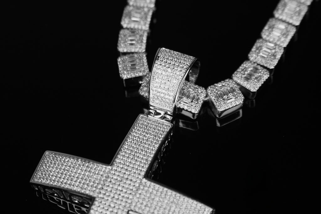XL Cross Pendant 10mm Baguette Square Cushion-Cut Tennis Chain 144.6ct Lab Sim VVS1 Diamond Necklace