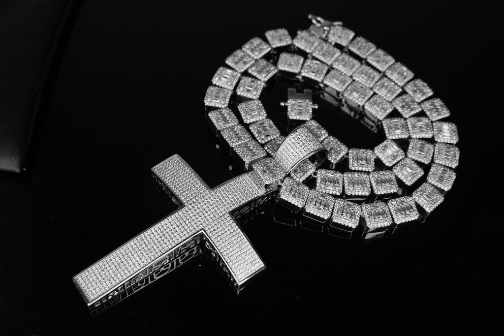 XL Cross Pendant 10mm Baguette Square Cushion-Cut Tennis Chain 144.6ct Lab Sim VVS1 Diamond Necklace