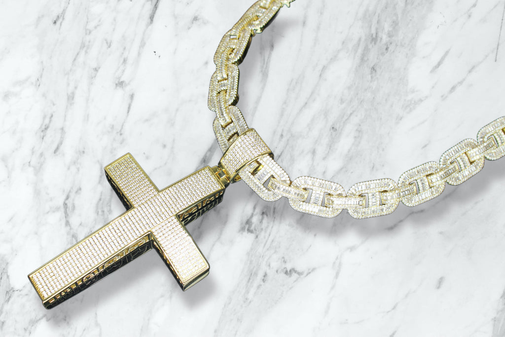 XXL CROSS 14mm Mariner Chain 96.8ct BAGUETTE Lab Sim VVS1 Diamond - GOLD