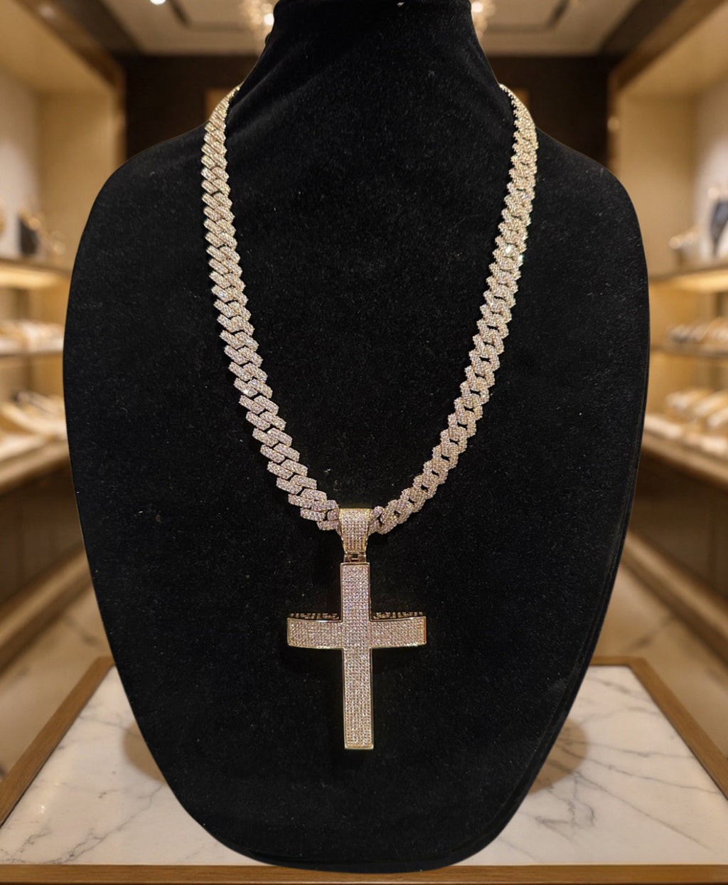 XL Cross Pendant 88.6ct Lab Sim VVS1 Diamond 14mm Cuban Prong Necklace- GOLD