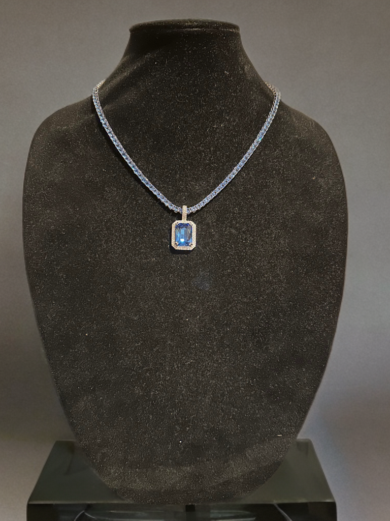 4mm True Blue Tennis Chain Necklace 62ct Lab Sim Diamond Pendant - BLUE SAPPHIRE