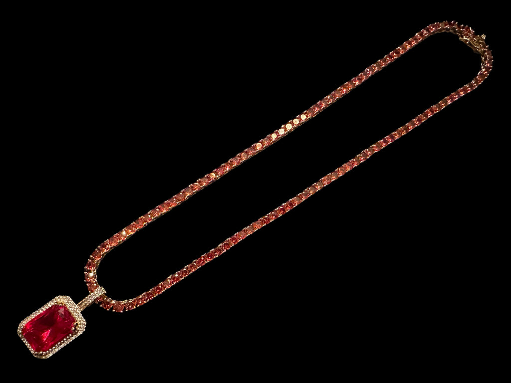4mm Ruby Red Tennis Chain Necklace 62ct Lab Sim Diamond Pendant - Red SAPPHIRE