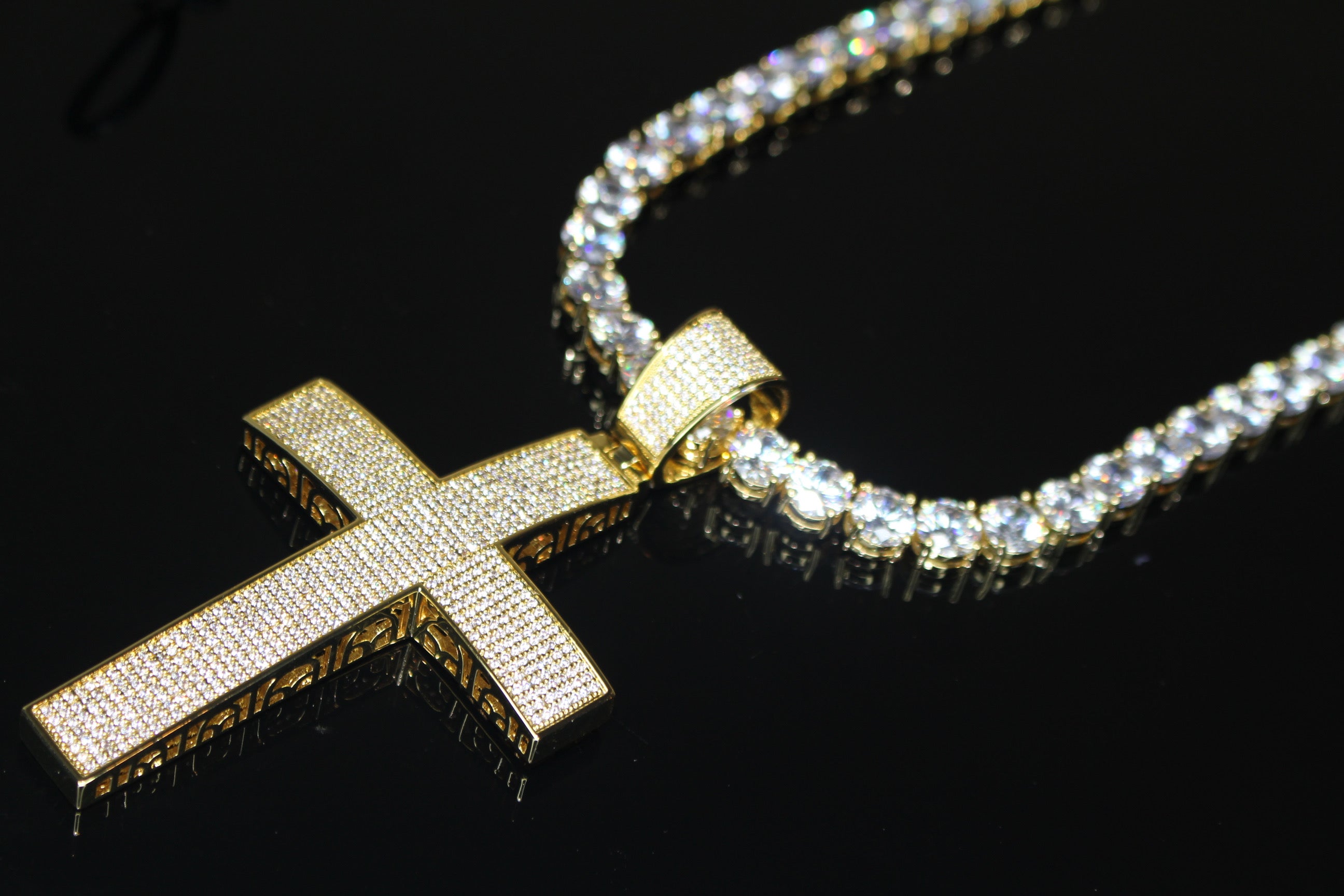 XL Cross Pendant 8mm MASSIVE XXL Tennis Chain 152ct Lab Sim VVS1 Diamond Necklace GOLD